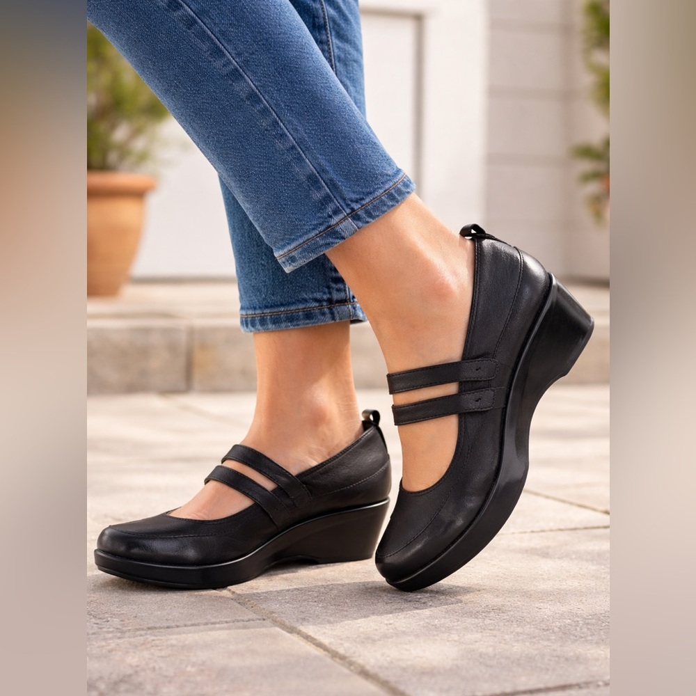 Jambu Scarlet Too Mary Jane Wedge Black Leather Comfort Shoes 7M
